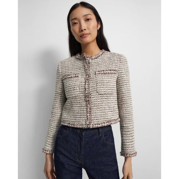 THEORY Preston Tweed Coral Multi Fringed Boxy Cropped Jacket, Size 6 - Picture 1 of 16